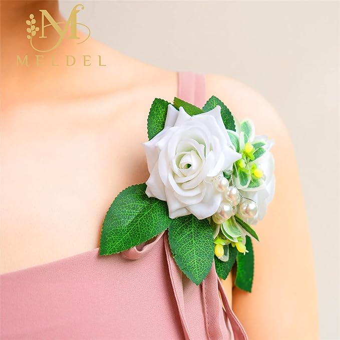 Meldel Prom Wrist Corsage and Boutonniere Set for Wedding, White Rose Boutonniere for Men Wedding, Wrist Flower for Bride Bridesmaid, Hand Flower for Wedding Ceremony Anniversary, Party, Homecoming