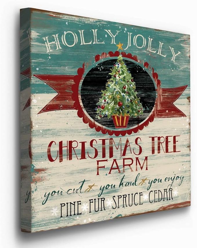 Renditions Gallery Holly Jolly Christmas Tree Farm Wall Art, Cute Winter Decor, Vintage Faux Wood Look, Festive, Premium Gallery Wrapped Canvas, Ready to Hang, 40 in H x 40 in W, Made in America