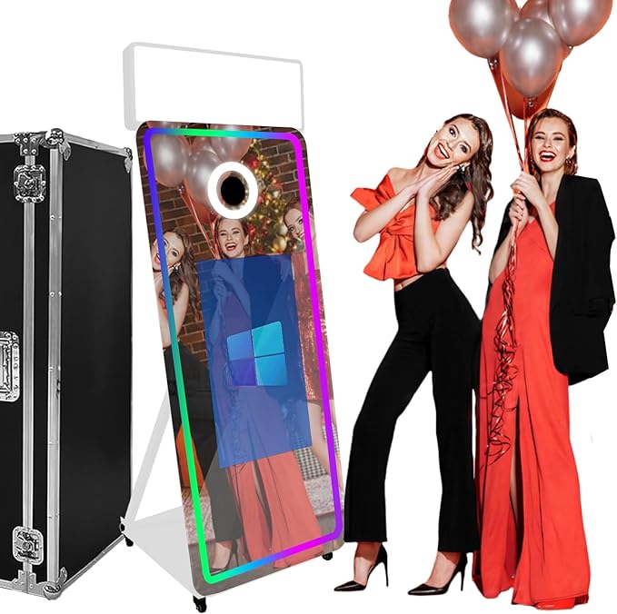 Magic Mirror Photo Booth,Mirror Photo Booth Interactive Touch Screen with Flight Case, Built-in Mini PC with Instant Print and Sharing for Event Party Wedding Rental (White, 32''Screen)