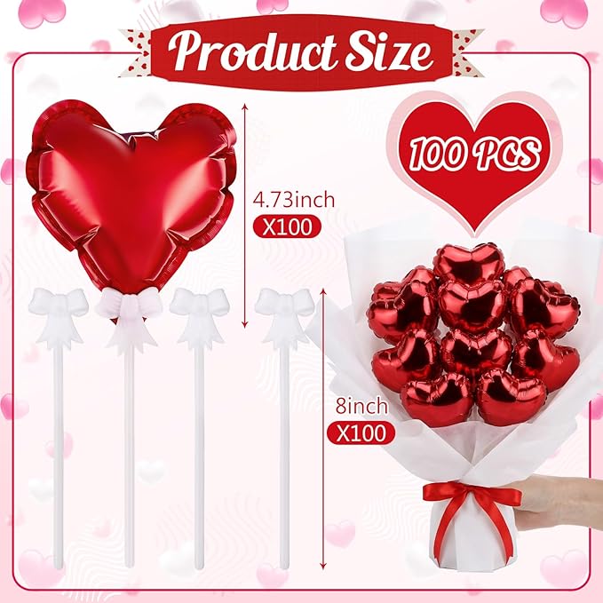 100 Pcs Valentine's Day Self Inflatable Heart Balloons with Bow Stems Mini Heart Balloons Decoration for Valentine Wedding Anniversary Party Supplies Cake Toppers(Red,6 Inch)