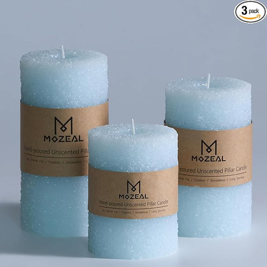 MOZEAL Hand-Poured Granular Texture Decorative Baby Blue Pillar Candles Set of 3 (3"x4", 5", 6"),Approx 300 Hours Burn Time Dripless, Unscented, Smokeless, Spring Party Decor Candle Lover Gift