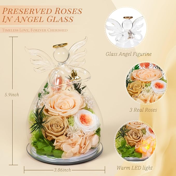 Gifts for Women Valentines Day Flowers for Delivery Birthday Gifts for Mom Grandma Preserved Rose Forever Flower in Glass Angel Figurines Bouquet Anniversary for Wife Sister Mother Friends
