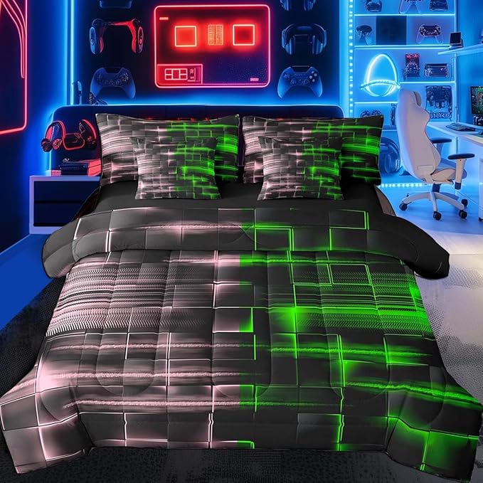 Feelyou Green and Pink Comforter Set with Sheets 7 Piece Queen Size Kids Geometric Bed in a Bag Strip Lines Bedding Set Abstract Art Bed Set with Comforter, Sheets,Pillowcases,Cushion Covers