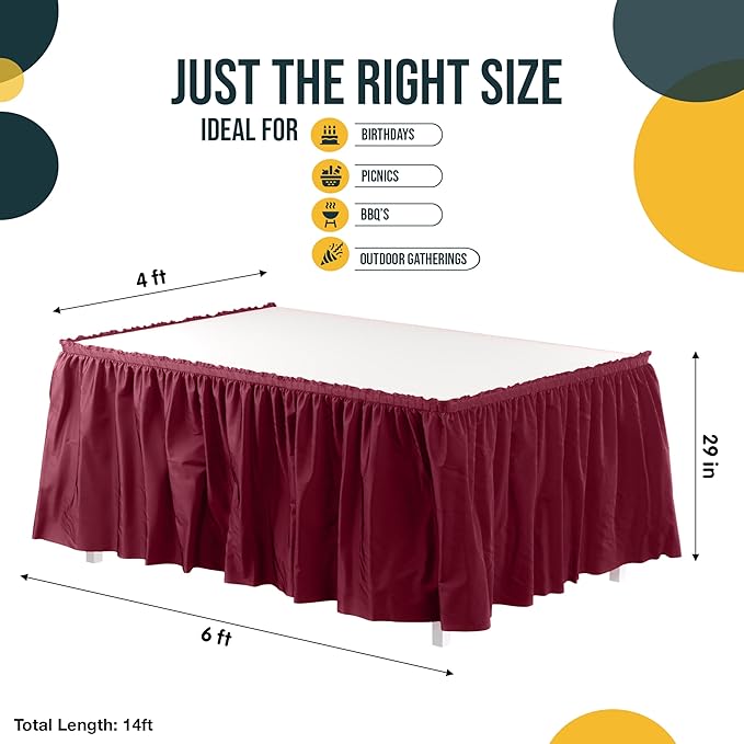 Exquisite Ruffle Table Skirt Burgundy 12 Pack 14 Ft Long Table Skirts for Rectangle Tables 6ft Plus or Round Tables Skirts with Adhesive Strip for Gender Reveal Decor & Happy Birthday Parties