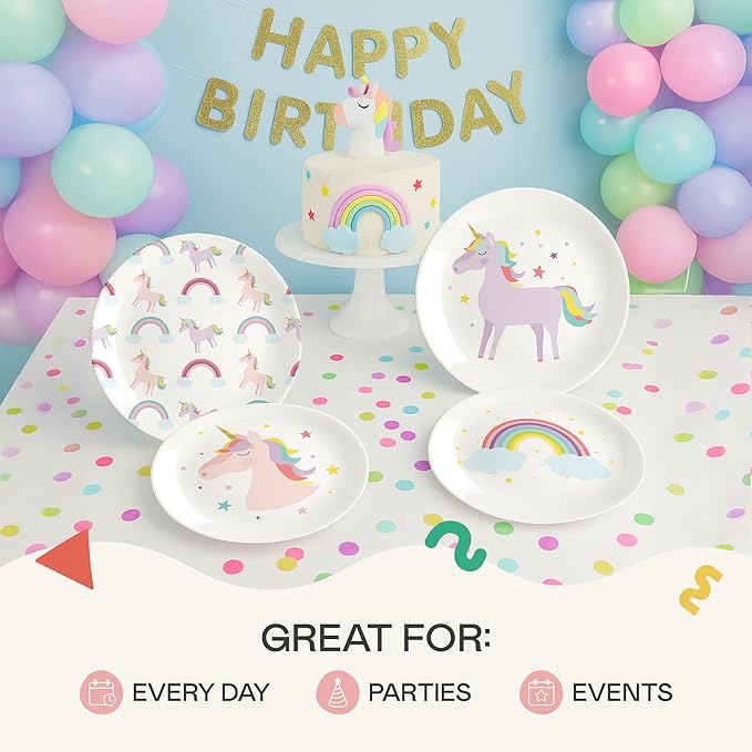 Tiny Expressions Unicorn Plates – 10" Set of 4 Reusable Melamine Party Plates with Rainbows, Stars & Whimsical Unicorns – Ideal for Everyday Use, Table Decor, Gifts, Birthdays & Party Favors