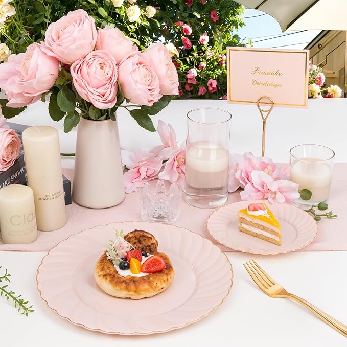 YOUBET 125Pcs Pink Plastic Plates with Gold Rim - Scalloped Plastic Plates Set Includes 25 Dinner, 25 Dessert Plate, 75 Gold Silverware for 25Geusts for Wedding Birthday Parties Baby Shower Valentines