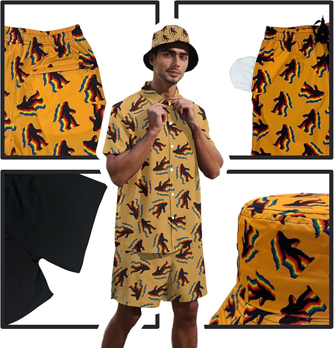 Men's Hawaiian Shirt and Shorts Set 2 Piece Beach Outfits with Bucket Hats for Beach Days and Summer Vibes