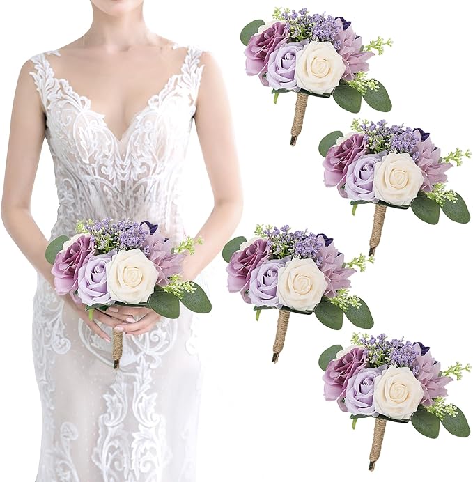 Artificial Bridesmaid Bouquets 4Pcs -7 Inch Bridesmaid Bouquets Fake Floral Silk Rose Handmade for Wedding Holding Flowers, Bridal Shower,Engagement Wedding Ceremony Anniversary - Lilac