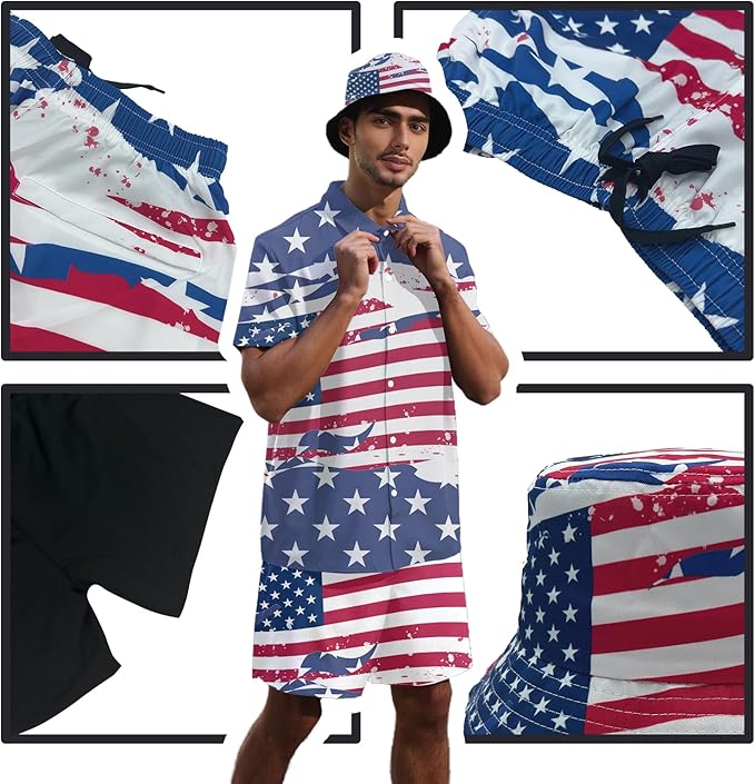 Men's Hawaiian Shirt and Shorts Set 2 Piece Beach Outfits with Bucket Hats for Beach Days and Summer Vibes
