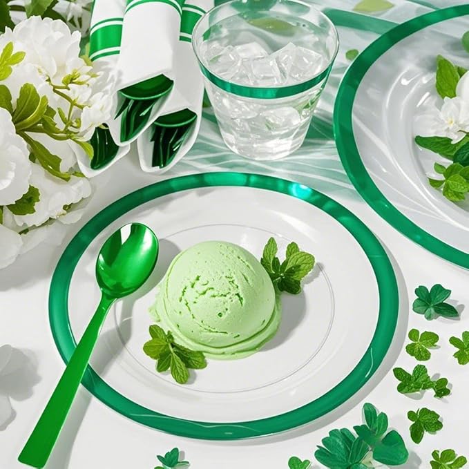 I00000 210 Pcs Green Plastic Plates-St. Patrick's Day Green Dinnerware for Party, Include 30 Dinner and 30 Dessert Plates,30 Plastic Cups 9 OZ,30 Per Rolled Napkins with Cutlery for Party