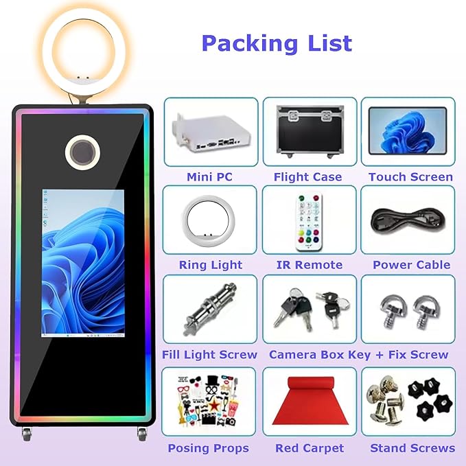 Photo Booth with Printer Magic Mirror Photo Booth 32-inch Touch Screen Built-in Mini PC Ring Light RGB LED Frame Selfie Photobooth Machine for Party Events Rental Wedding Instant Printing