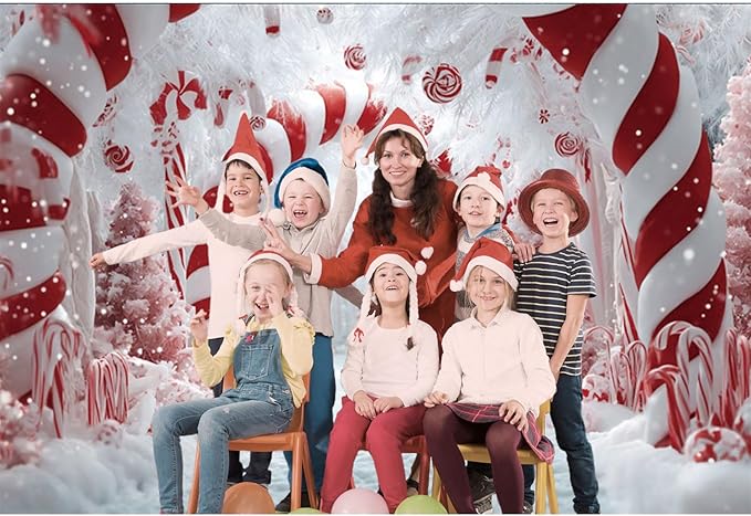 Baocicco 12x8ft Merry Christmas Candy Cane Backdrop Photography Red and White Candyland Fairy Fantasy Xmas Background Winter Holiday Family Party Decorations New Year Eve Party Banner Photoshoot