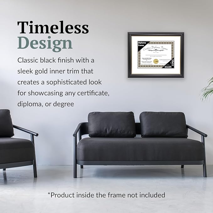 Creative Picture Frames 11" x 15" Rockefeller Black with Gold Rim Diploma Frame, Displays 11" x 15" Certificate or 16" x 20" Document without Mat, College Degree Frame, Full-Strength Glass, White Mat
