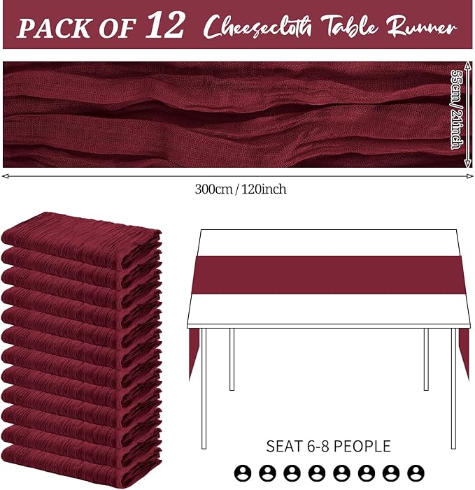 12 Pack Cheesecloth Table Runner 20 x 120 inch Cheese Cloth Table Runner Bulk,Romantic Boho Sheer Gauze Fabric Table Runners for Wedding Reception,Party,Bridal Shower Table Decor(Burgundy)