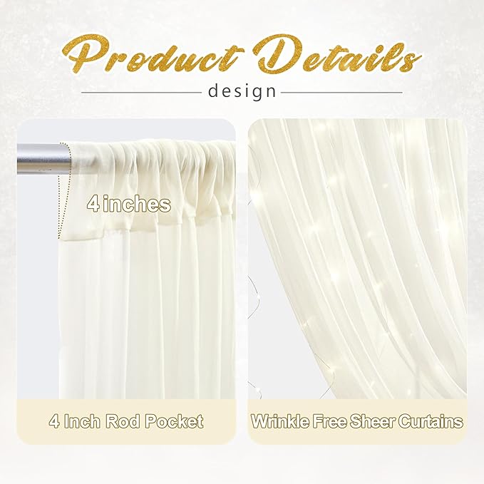 20x10ft Ivory Tulle Backdrop Curtain with Lights String for Parites, Sheer Photo Backdrop Curtains with Lights for Wedding Backdrop Ceremony Reception Bridal Shower Baby Shower Birthday Party