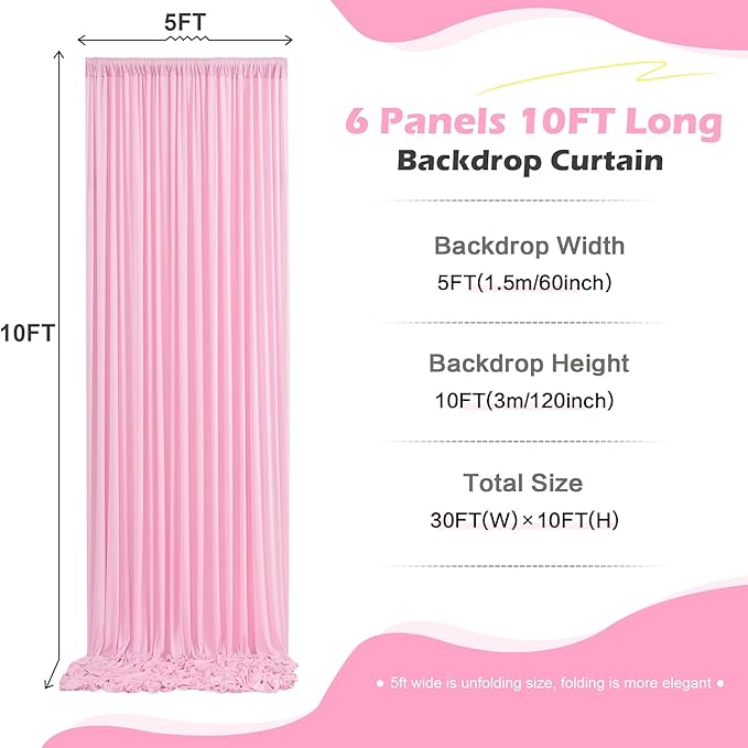 30ft x 10ft Wrinkle Free Pink Backdrop Curtain for Parties, 6 Panels 5×10ft Silky Polyester Light Pink Photo Backdrop Drapes Back Drop Cloth for Girl Party Birthday Gender Reveal Wedding Photography