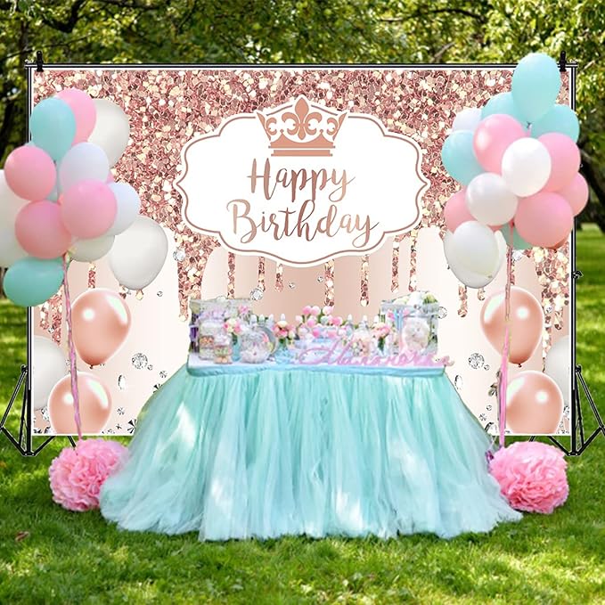 OERJU Rose Gold Birthday Backdrop Pink Glitter Sequin Diamonds Happy Birthday Backdrop for Women Girls Sweet 16 18th 21st 30th Birthday Party Decorations Background Cake Table Banner 9x6ft