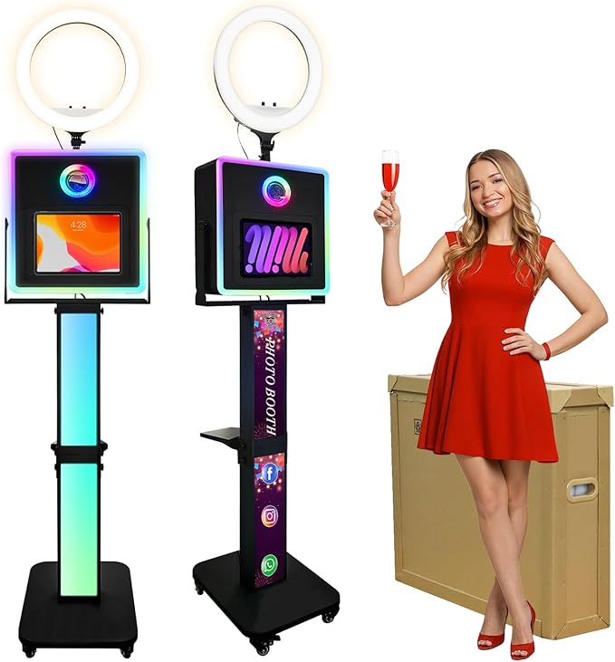 Photo Booth for iPad 10.2" 10.9" 11" 12.9" & Camera,2-in-1 Selfie Station Shell Stand Camera Photobooth Machine,App Control RGB Fill Light,for Parties,Rental Business (Black + Honeycomb Box)