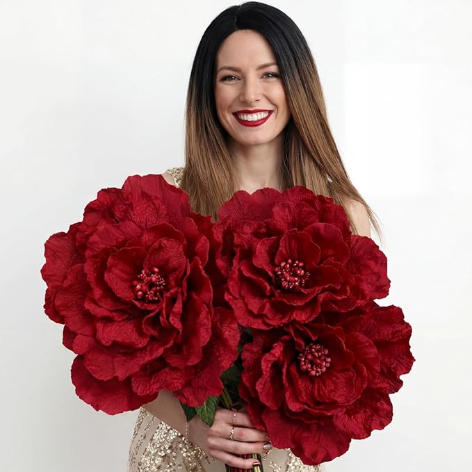 Norme 3 Pcs Valentine Giant Flowers for Decoration 12, 16, 20 Inch Large Rose Petals Giant Flowers Large Burgundy Red Rose for Wedding, Home Decor, Anniversary Birthday Valentine's Day