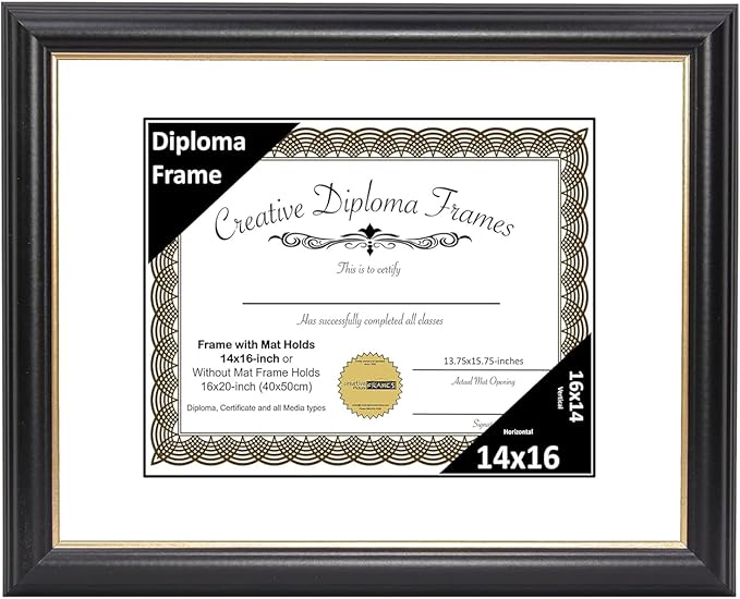 Creative Picture Frames 14" x 16" Rockefeller Black with Gold Rim Diploma Frame, Displays 14" x 16" Certificate or 16" x 20" Document without Mat, College Degree Frame, Full-Strength Glass, White Mat
