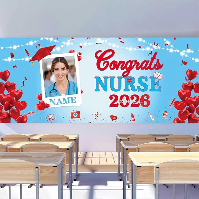 Custom Garaduation Garage Nurse Theme Door Banner Cover 16 x 7 ft Class of 2026 Congrats Grad Party Backdrop Personalized Graduation Decoration(Red and Blue)