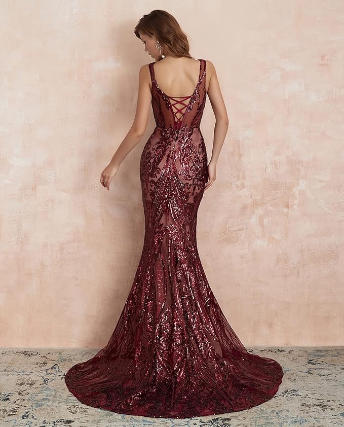 Women's Double V-Neck Sequins Lace-up Mermaid Evening Dress