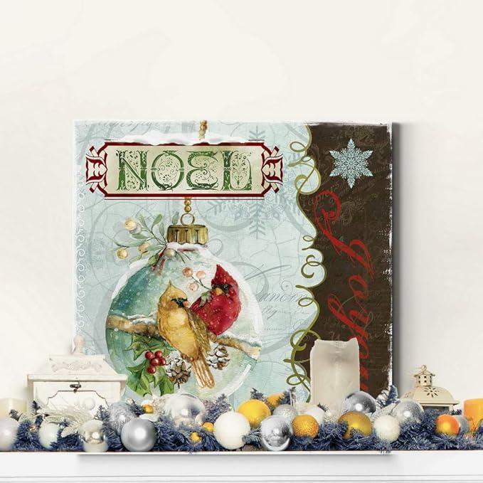 Renditions Gallery Joyous Noel Ornament Wall Art, Cute Winter Decor, Yellow & Red Cardinals, Festive Holly, Premium Gallery Wrapped Canvas, Ready to Hang, 16 in H x 16 in W, Made in America