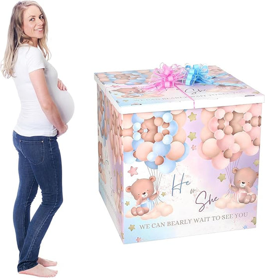 AmazingSpark 28in Jumbo Gender Reveal Gift Box Kit with Oversized Box Giant Pull Bows for Gender Reveal Baby Shower Birthday Party Decor (Boho Teddy Bear)