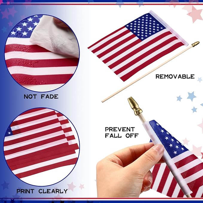 150 Pcs Small American Flags on Stick, 8 x 12 Inch Mini US Flags Wooden Stick Bulk Hand Held Stick Flags for Lawn Yard 4th of July Decorations Independence Memorial Day Patriotic Parades Veteran Party