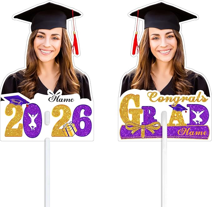 Personalized Graduation Face Fan 2026 Grade Custom Double Sided Face Cutout Fan with Handle Photo Booth Prop Party Supplies(B-Purple and Gold,12pcs)