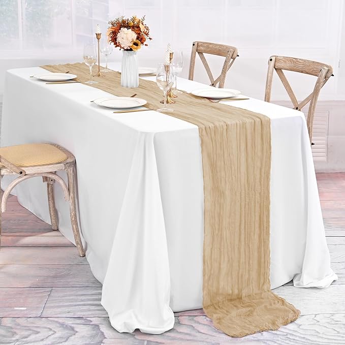20 Pack Beige Table Runner 10Ft Cheesecloth Table Runner Boho Gauze Cheese Cloth Table Runners Romantic Long Sheer Fabric Table Runners for Wedding Party Bridal Shower