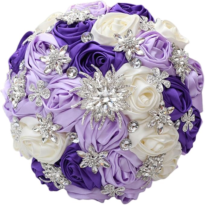 Handmade Wedding Bridal Bouquet with Luxury Silver Rhinestone Brooch for Bride Bridesmaid Quinceanera Satin Rose Flower Wedding Bouquet Purple Lavender and Ivory 7.5in