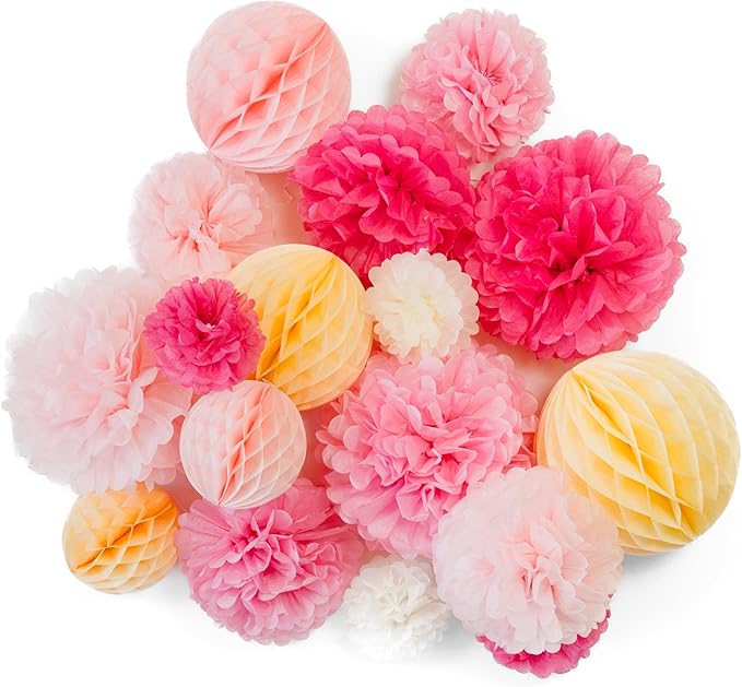 PapaKit Deluxe Origami Large Wall Decoration Set (Assorted Paper Fans & Pom-poms) Birthday Party Baby Shower Wedding Event Decor | Creative Art Design (Sparking Pink Rose Blush, Deluxe 26 Piece Set)