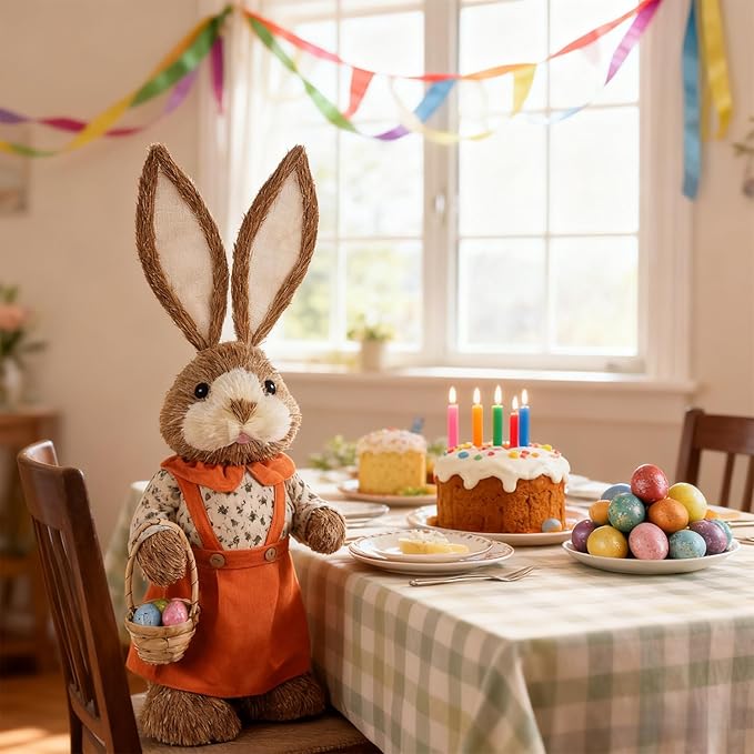 Juegoal Easter Straw Bunny Decorations, 32"(2.6FT) Extra Large Standing Mrs. Bunny Figurine, Handmade Easter Rabbit Statues, Cute Photo Props Gifts for Office Kitchen Farmhouse Spring Home