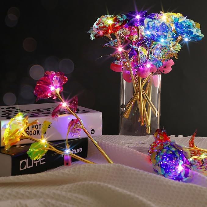 Lyrow 36 Pcs Valentines Galaxy Rose LED Light up Rose Flower Gifts Crystal Artificial Rainbow Flower for Valentine Lover Girlfriend Mom Her Mother's Day Birthday Wedding Gift, 9.84 Inches (Multicolor)
