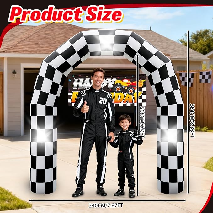 8FT Black and White Checkered Outdoor Race Car Inflatable Arch with Happy Birthday Banner, Blow Up Racing Party Decoration with Built-in 3 LED Lights for Race Car Themed Birthday Party Lawn Yard Decor
