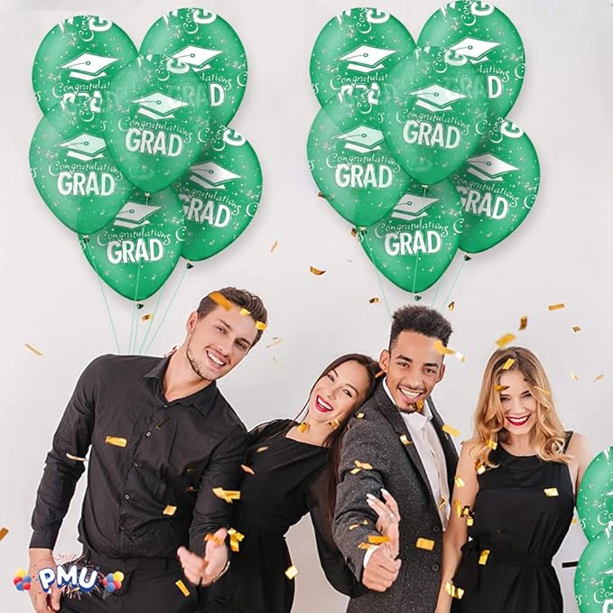 PMU 100 Pcs Crystal Green Graduation Balloons Class of 2025 with All-Over Print White Grad Caps-Confetti and Streamers | Graduation Party Supplies | Congratulations Grad Latex Balloons Latex