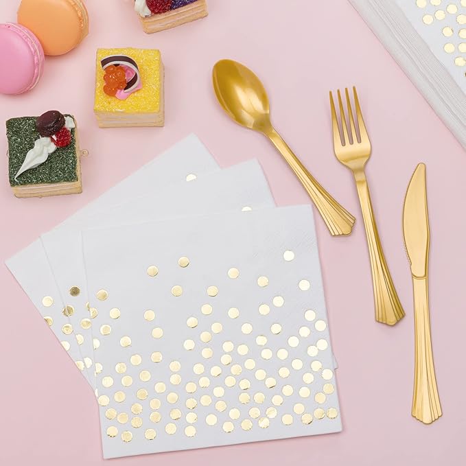 White and Gold Party Supplies, 350PCS Disposable Dinnerware Set w/White Paper Plates Napkin Cups Plastic Forks Knives Spoon for Women Men Birthday Easter Retirement Engagement Graduation Decorations