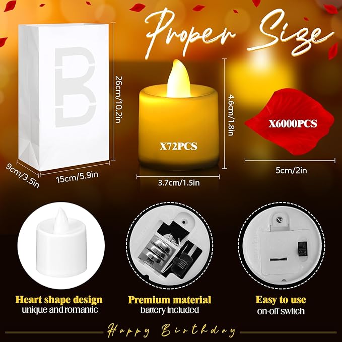 6085 Pcs Happy Birthday Light Up Letters with LED Flameless Tealight Candle Red Rose Petal Letter Luminary Paper Bag for Decoration Party Romantic Night Decor for Women Men