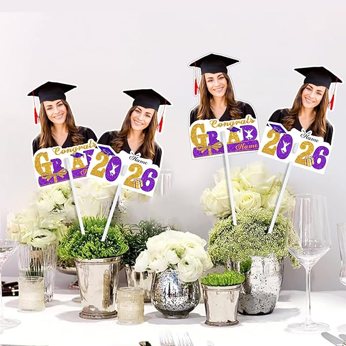 Personalized Graduation Face Fan 2026 Grade Custom Double Sided Face Cutout Fan with Handle Photo Booth Prop Party Supplies(B-Purple and Gold,12pcs)