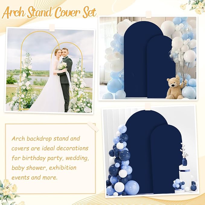 Metal Arch Backdrop Stand and Cover Set 7.2FT 6FT Gold Arch Stand Frame with Navy Blue Spandex Fitted Arch Covers for Wedding Party Reception Decorations