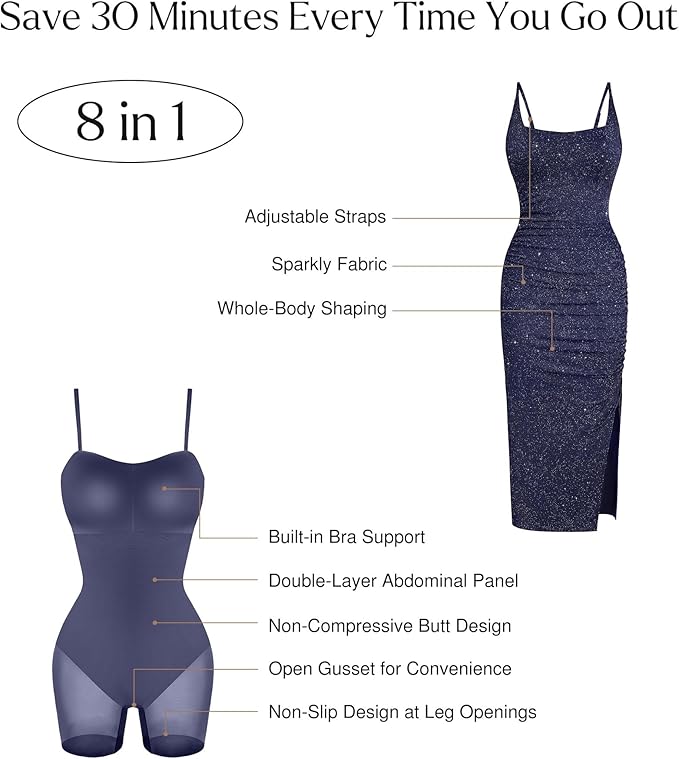 Popilush Shapewear Midi Dress Women's Sparkly Formal Wedding Guest Cocktail Dresses Fall Square Neck Ruched Dress Side Slit