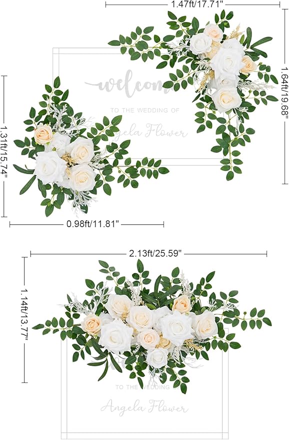 2pcs Champagne & White Deluxe Welcome Sign Artificial Flowers Wedding Backdrop Garland Hanging Floral Arrangements for Ceremony Reception Entryway Board Sweetheart Table