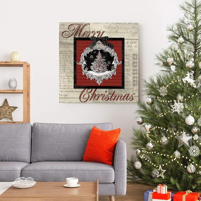 Renditions Gallery Merry Christmas Tree Wall Art, Cute Winter Decor, Antique Sheet Music Paper Design, Snowflakes, Premium Gallery Wrapped Canvas, Ready to Hang, 24 in H x 24 in W, Made in America