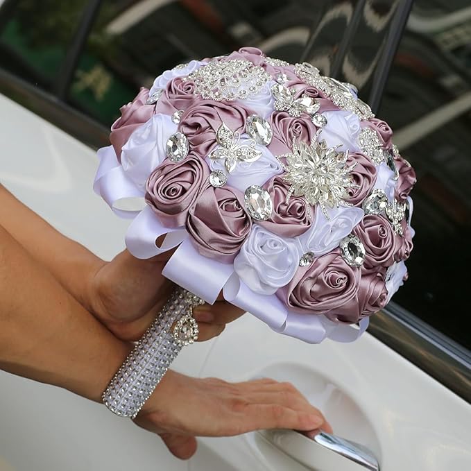 Handmade Wedding Bouquets for Bride Bridesmaid Brooch Bouquet Artificial Holding Flower Tossing Bouquet for Wedding Ceremony Anniversary(Whte/Purple,22cm)