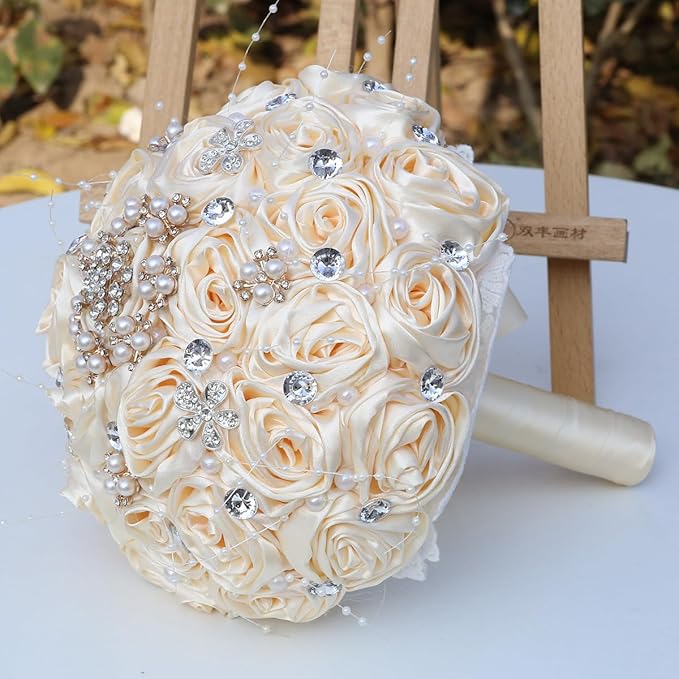 Bridal Wedding Bouquet for Bride Bridesmaid Wedding Quinceanera Throw Toss Artificial Rose Flower Bunch with Bling Brooch (6C#Apricot, Medium (Dia. 8.7"/22cm))