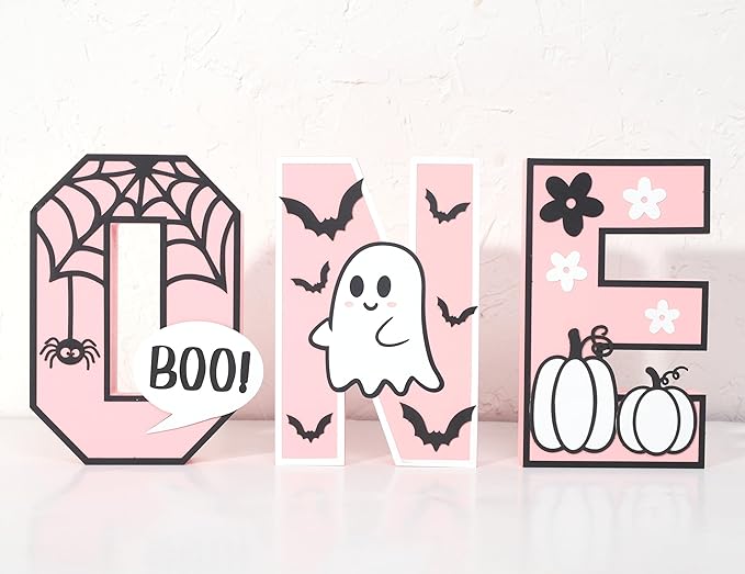Halloween Wooden ONE Sign - Pink Halloween Boo Wooden Centerpiece Table Decoration, Halloween Decorations Indoor ONE Letter, Baby Girl Birthday Supplies.