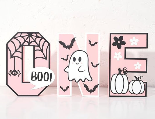 Halloween Wooden ONE Sign - Pink Halloween Boo Wooden Centerpiece Table Decoration, Halloween Decorations Indoor ONE Letter, Baby Girl Birthday Supplies.