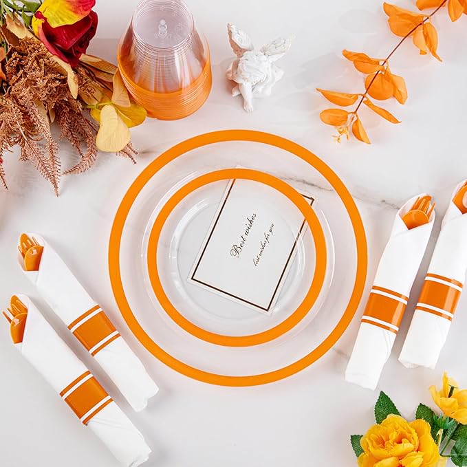 I00000 210 Pcs Clear Orange Plates for 30 Guests, Orange Disposable Plates Set Include 30 10" Dinner Plate,30 7" Dessert Plate, 30 Cups, 30 Pre Rolled Napkins with Cutlery Set for Party and Wedding