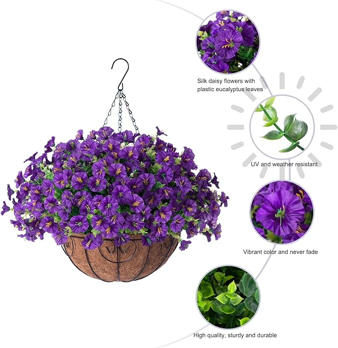 Artificial Fake Hanging Flowers Plants Basket for Outdoors Spring Decoration, Realistic Faux Silk Morning Glory for Outdoor Planters UV Resistant Artificial Flowers for Outside Porch Garden, Purple
